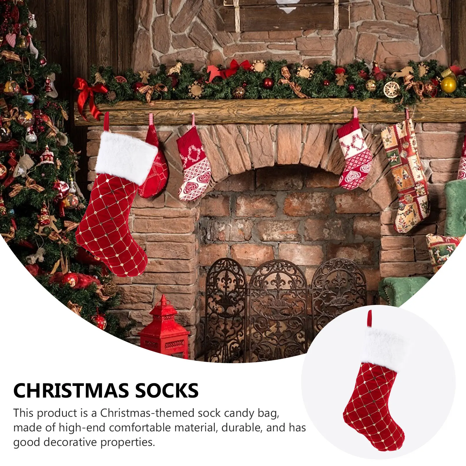 

1pc Christmas Sock Gift Bag Red Xmas Candy Pouch For Kids Holiday Party Decor Hanging Stocking Bag Fireplace Ornament