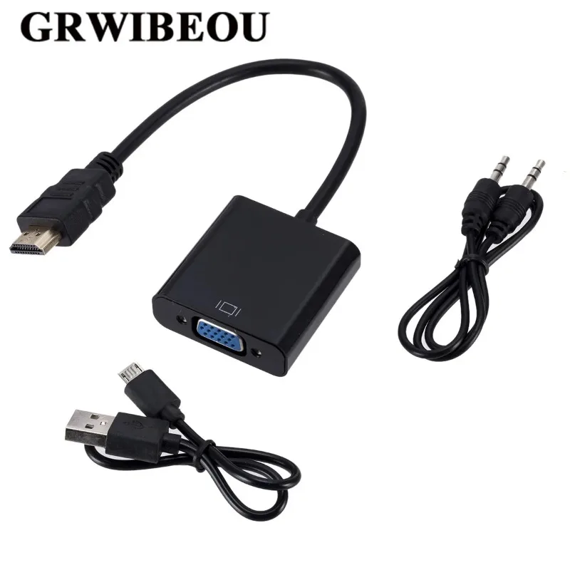 Grwibeou HDMI to VGA Adapter  with 3.5mm Audio Cable + USB Power Supply 1080P Digital to Analog Video Audio For PC Laptop Tablet