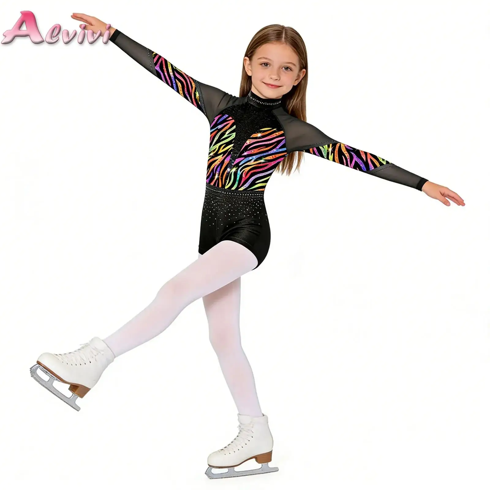 

Girls Gymnastics Leotards Long Sleeve Mesh Sparkly Rhinestones Sequins Tumbling Outfits Ballet Dance Class Training Bodysuit