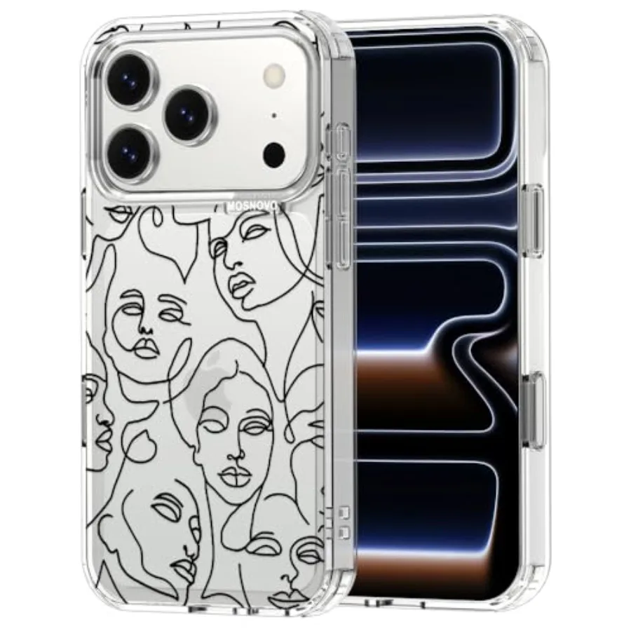 For iPhone 17 Pro Case Military Grade 6.6ft Drop Tested Camera Control Clear with Abstract Face Line Art Design