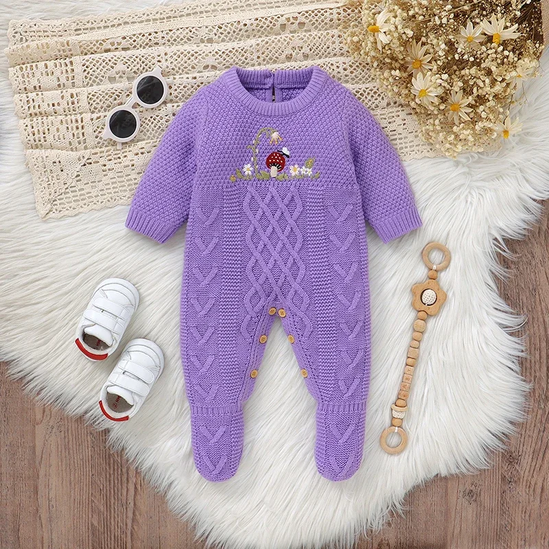 Baby Romper Knit Fall Newborn Kid Clothes Long Sleeve 0-18M Overalls Warm Infant Girl Boy Jumpsuit Fashion Embroidered Mushrooms