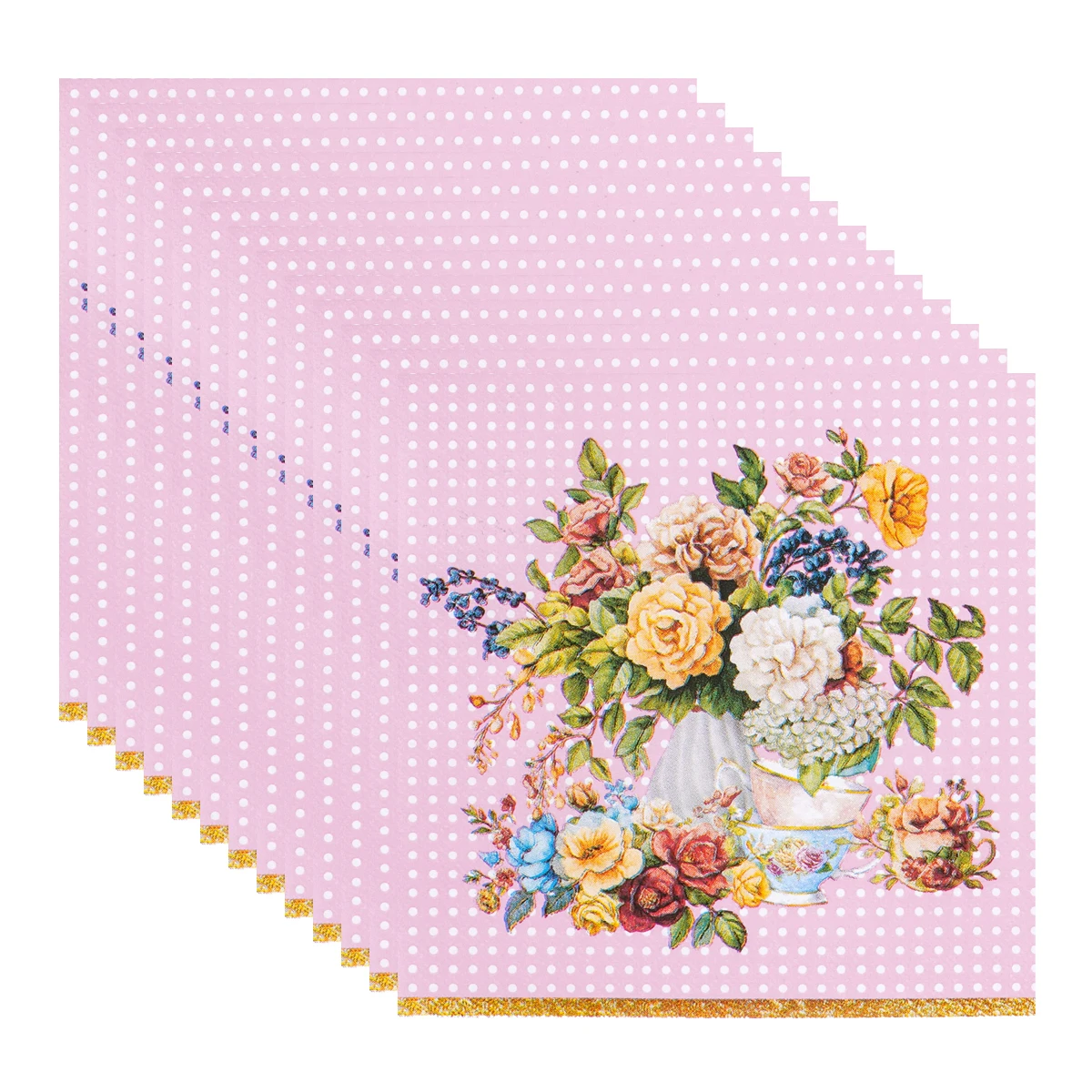 Disposable Paper Napkins Pink Polka Dot Floral Tea Cup Print Tissues Vintage Tea Wedding Bridal Shower Cocktail Napkins