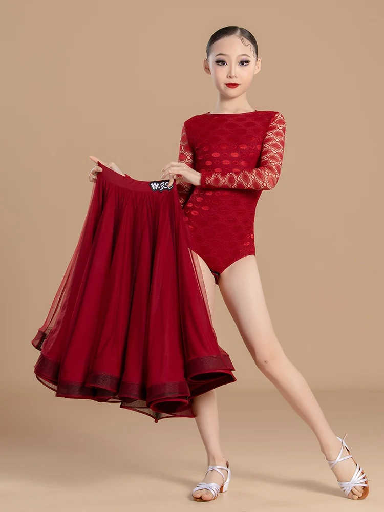 Ballroom Dance Competition Dress Girls Red Long Sleeve Dresses Standard Waltz Modern Dancing Costume Practice Clothes VDL347