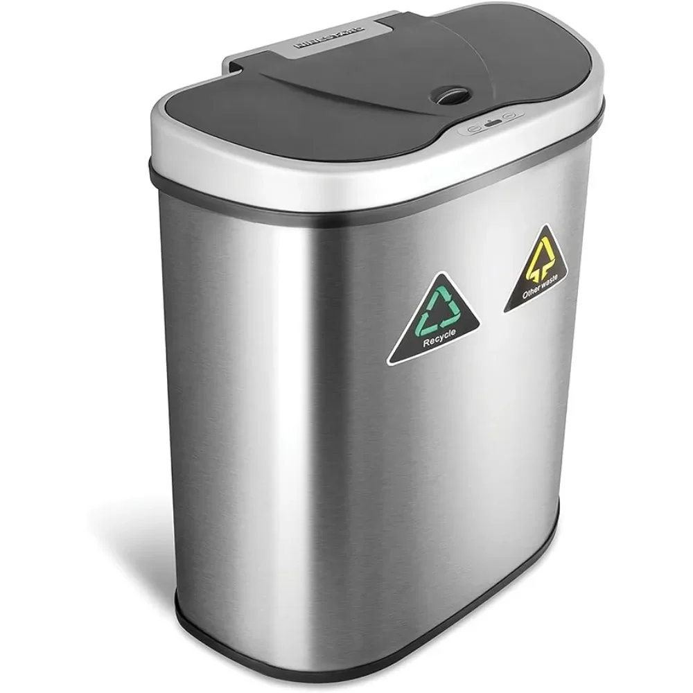 

Kitchen Trash Can Automatic Touchless Infrared Motion Sensor Trash Can/Recycler With D Shape Silver/Black Lid & Stainless Base