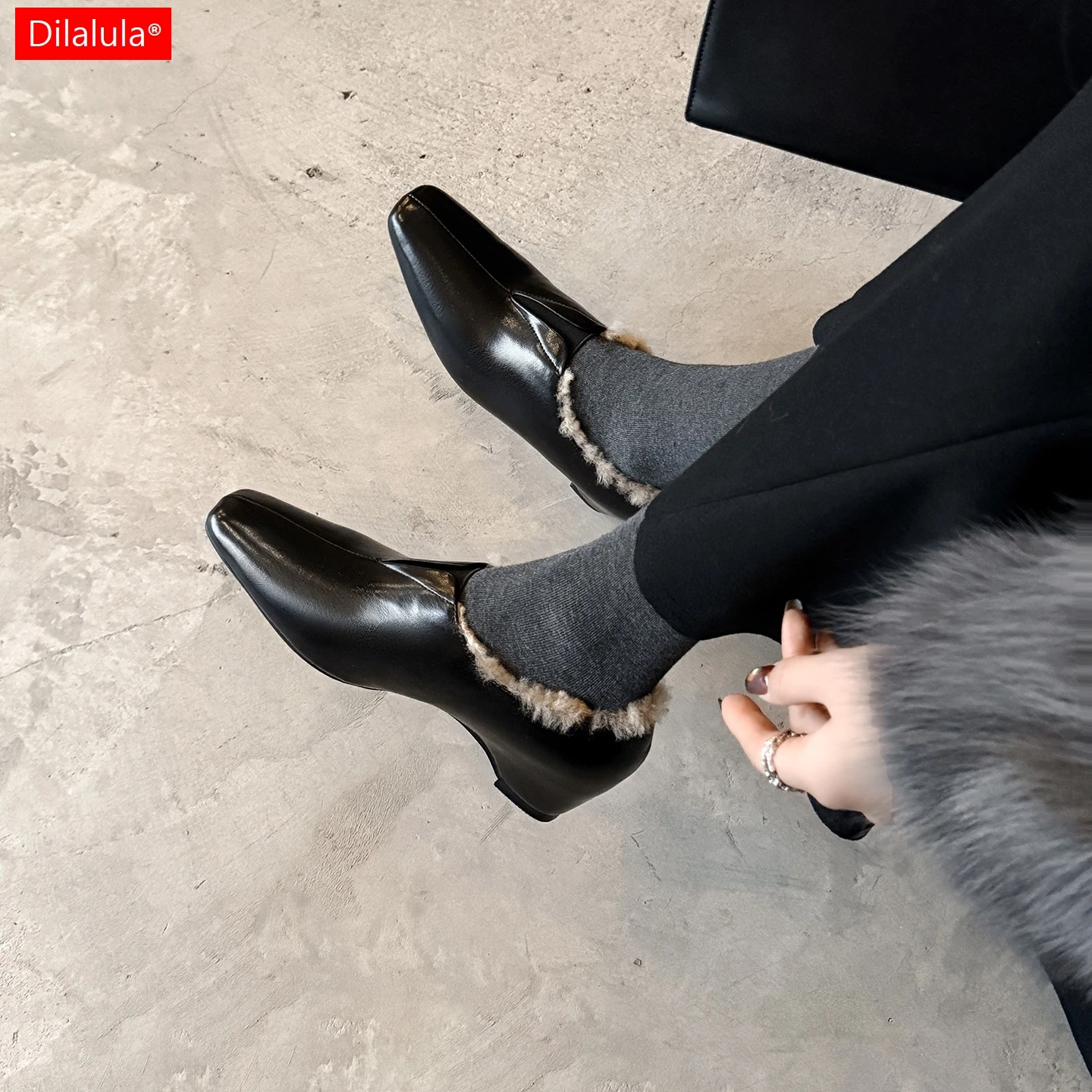 

Dilalula 2026 Cow Leather Women Wool Pumps Med Thick Heels Deep Mouth Closure Office Lady Warm Pumps Female Leather Dress Shoes