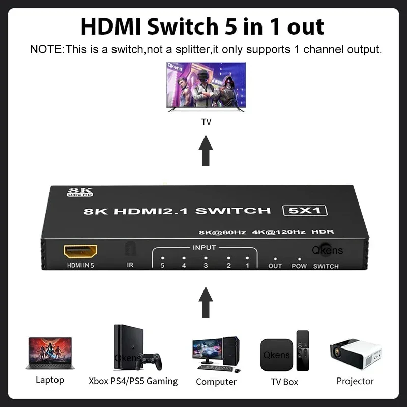 HDMI 2.1 Switch 5x1 8K HDMI Switch 5 in 1 Out 8K 60Hz 4K 120Hz 2K 144Hz HDCP 2.3 HDR 10 5 Port HDMI Switcher Box Video Converter