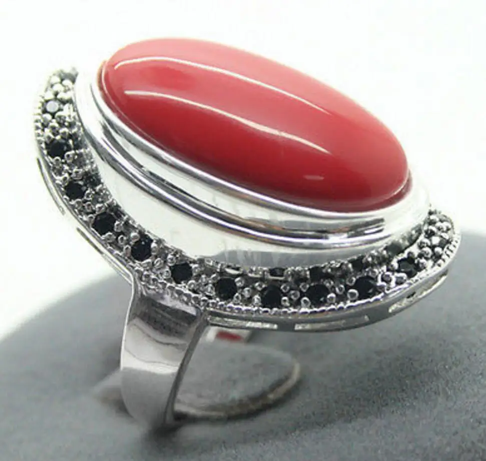 

17X30mm Red Coral 925 Sterling Silver Marcasite Ring Size 7/8/9/10