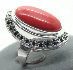 17X30mm Red Coral 925 Sterling Silver Marcasite Ring Size 7/8/9/10