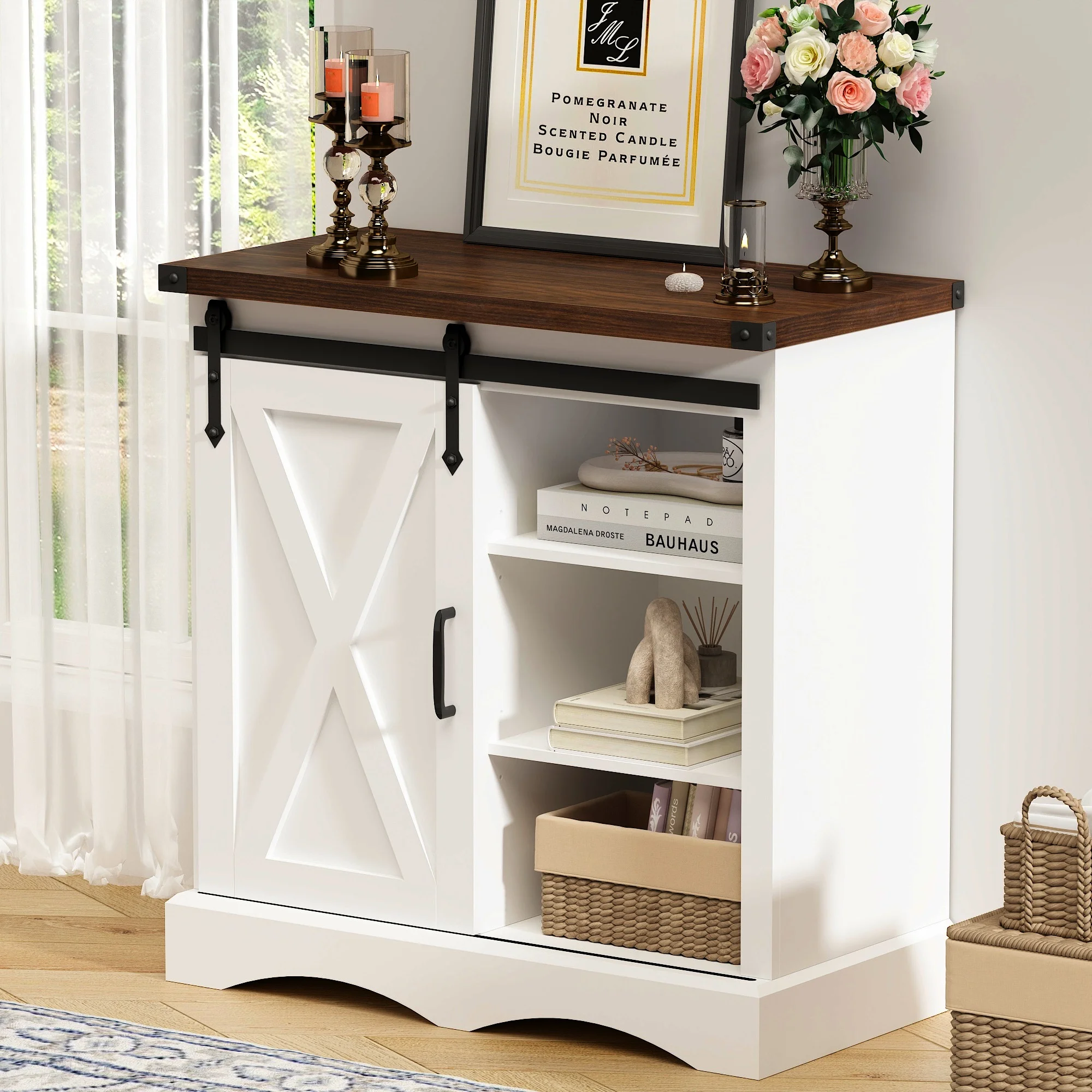 Farmhouse Sideboard Buffet Cabinet with Storage White Farmhouse Wine Bar Cabinet W/Sliding Barn Door 31.5