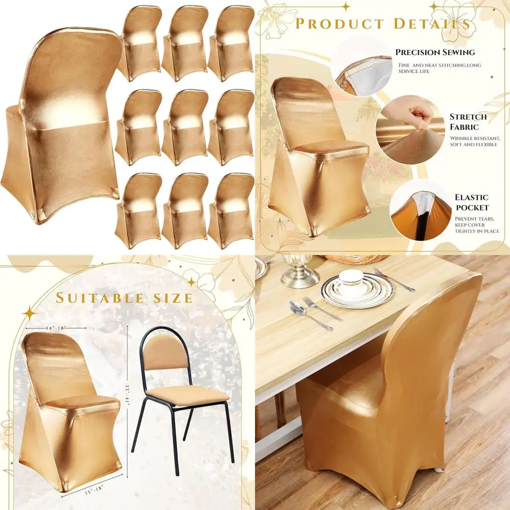 

Gold Spandex Chair Covers (10 Pack) - Stretchable, Fitted, Removable for Folding Chairs, Ideal for Weddings, Parties, and Home D