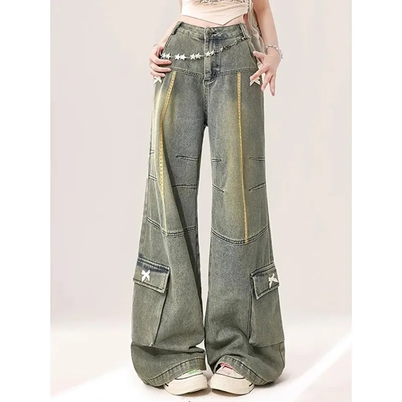 새로운 여성용 레트로 디자인 리본 청바지 가을 겨울 핫걸 롱 팬츠 패션 여성 캐주얼 하이웨이스트 데님 바지