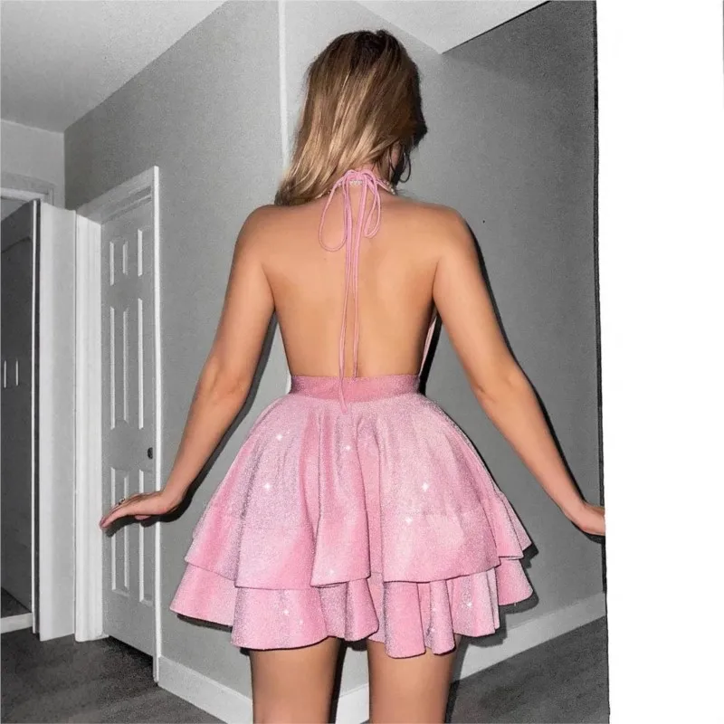 

New Summer Sexy Backless Evening Deep V Neck Halter Mini Dress Women's Fashion Solid Color Slim A Line Party Prom Dresses