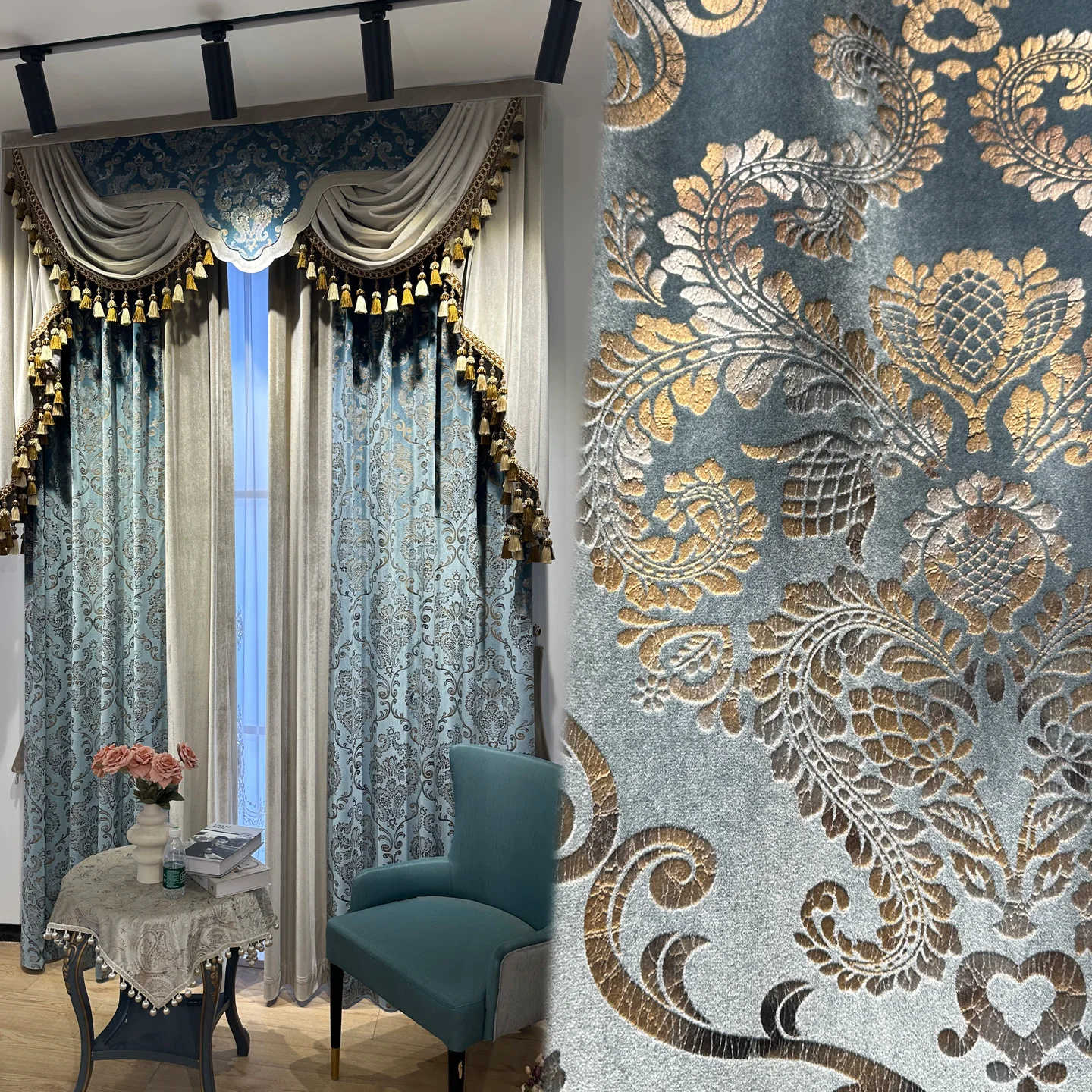 

Европейская роскошная толстая бархатная ретро-гостиная синяя бронзовая ткань с вышивкой, затемняющая занавеска, тюлевая драпировка M1798