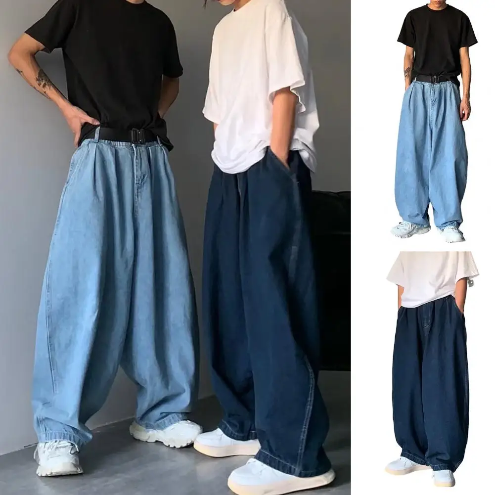 

Mid-rise Elastic Waistband Cargo Men Jeans Pockets Solid Color Baggy Jeans Hip Hop Oversize Wide Leg Denim Pants Male Streetwear