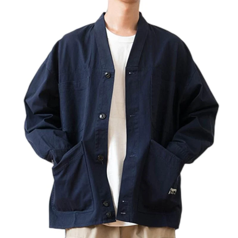 100% Cotton Men Multi-Pockets Chore Jacket Cargo Japan Style Turn Down Collar V-Neck Navy Blue Casual Male Coat Spring Autumn