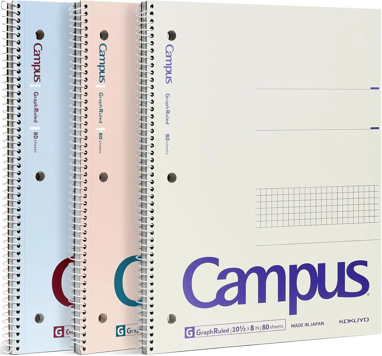 

5x5 Graph Spiral Notebooks, 3 Pack, 80 Sheets, 10.5"x8", Pastel Colors, Perforated Pages, 3-Hole Punched for School Office