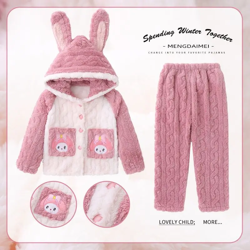 Kawaii Hello Kittys Kids Winter Pajamas Flannel Thickened Cinnamoroll Anime Kuromi Cartoon Girls Coral Velvet Home Clothes Suit