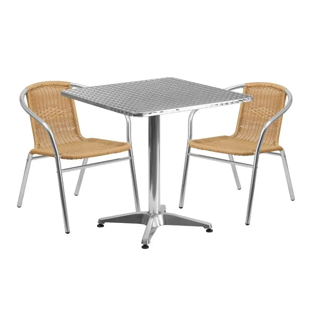 27.5 Inch Square Aluminum Table Set with 2 Rattan Chairs Indoor Outdoor Use Lightweight Commercial Residential Bistro Dining