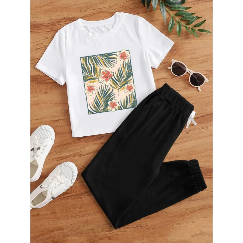 

IURNXB 2-Piece Outfits Short Sleeve Top+Pants Little Girl Beach Print Toddler Children Clothes Set Kid Playwear Casualsuits 1-6Y