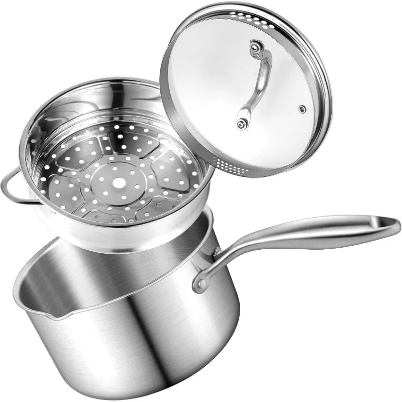 

2.5 Quart Stainless Steel Saucepan with Steamer Basket, Tri-ply Full Body, Multipurpose Sauce Pot with Two-Size Drainage Holes L