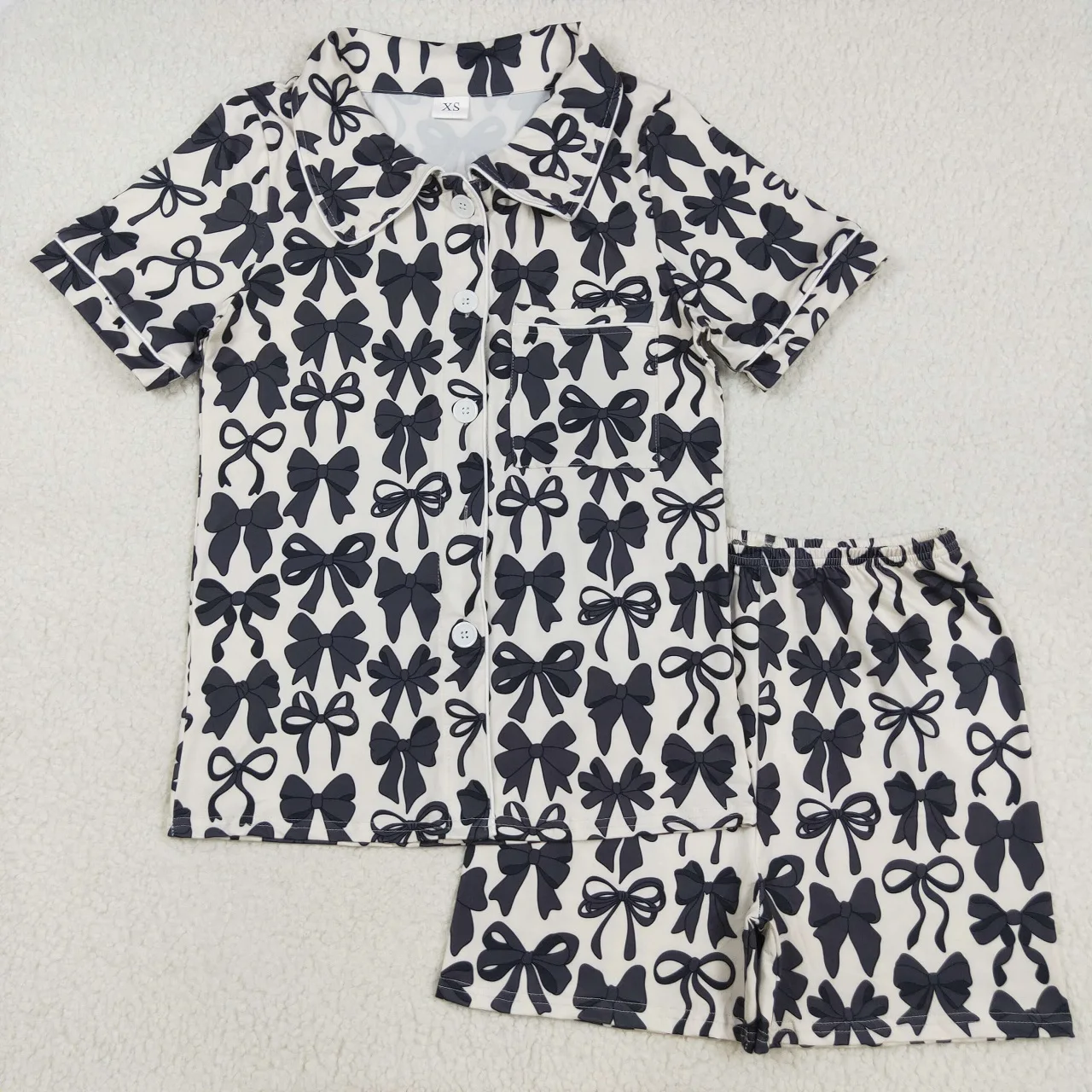 

Wholesale Adult Nightclothes Short Sleeves Women Sleepwear Black Bows Shirt Woman Girl Set Ruffle Shorts Outfit Pajamas Clothing