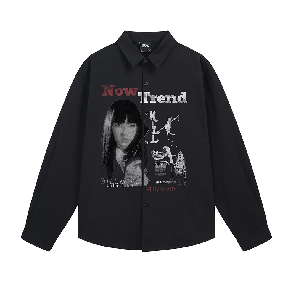 Trend Gothic Printed Men's Shirts Y2k Streetwear Long Sleeve Tops Hip Hop Oversized Punk Shirt Korean Japanese Style Man Clothes