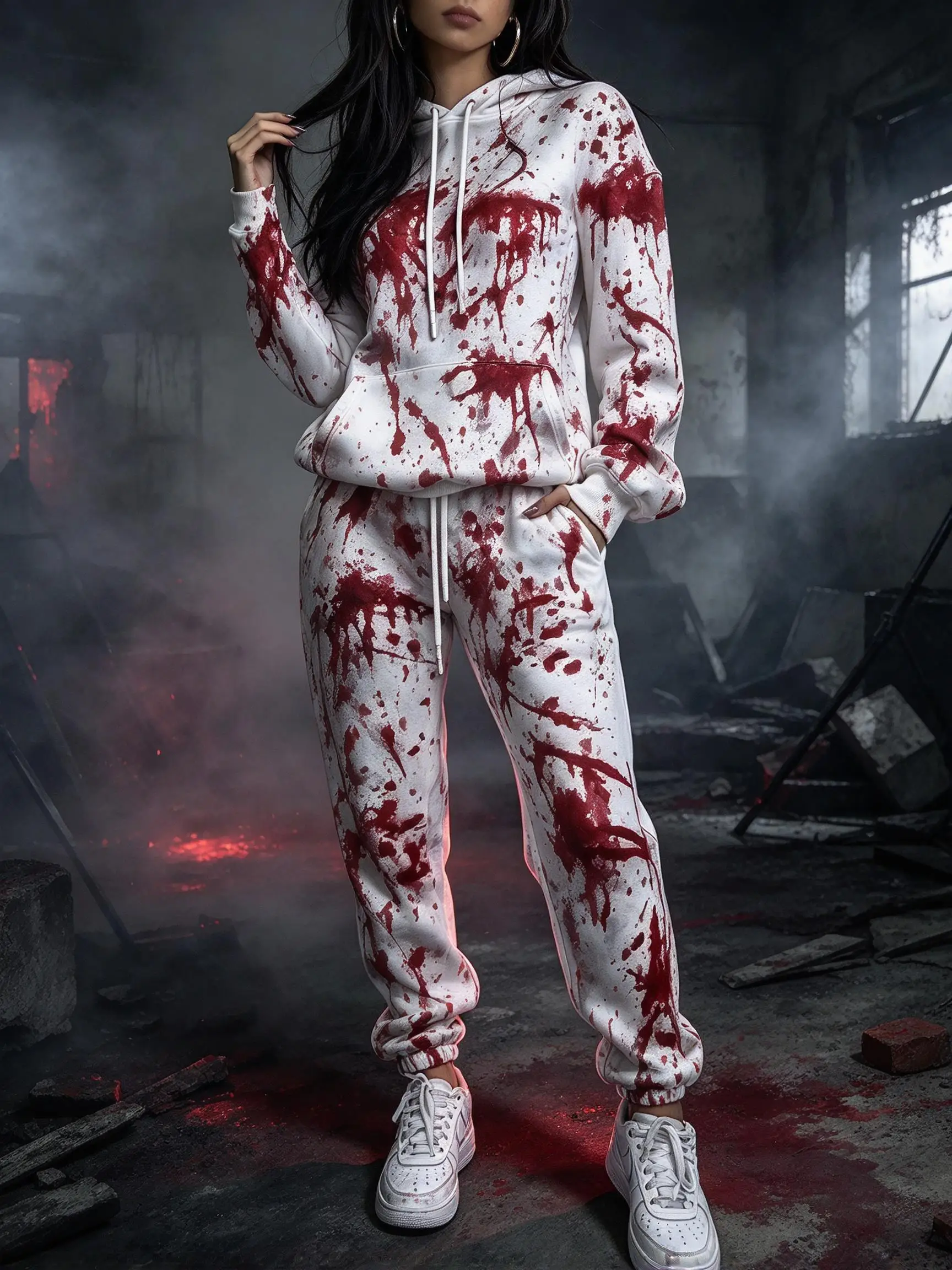 Women Halloween Splash Print Hooded Tracksuit, Graffiti Hoodie & Cuffed Jogger Pants 2 Piece Outfit