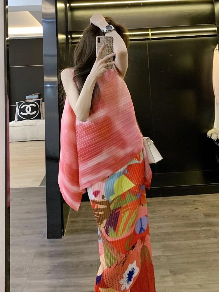 

Красный комплект из топа и юбки с принтом, плиссированная юбка с высокой талией, летний модный ансамбль для женщин старше 35 лет