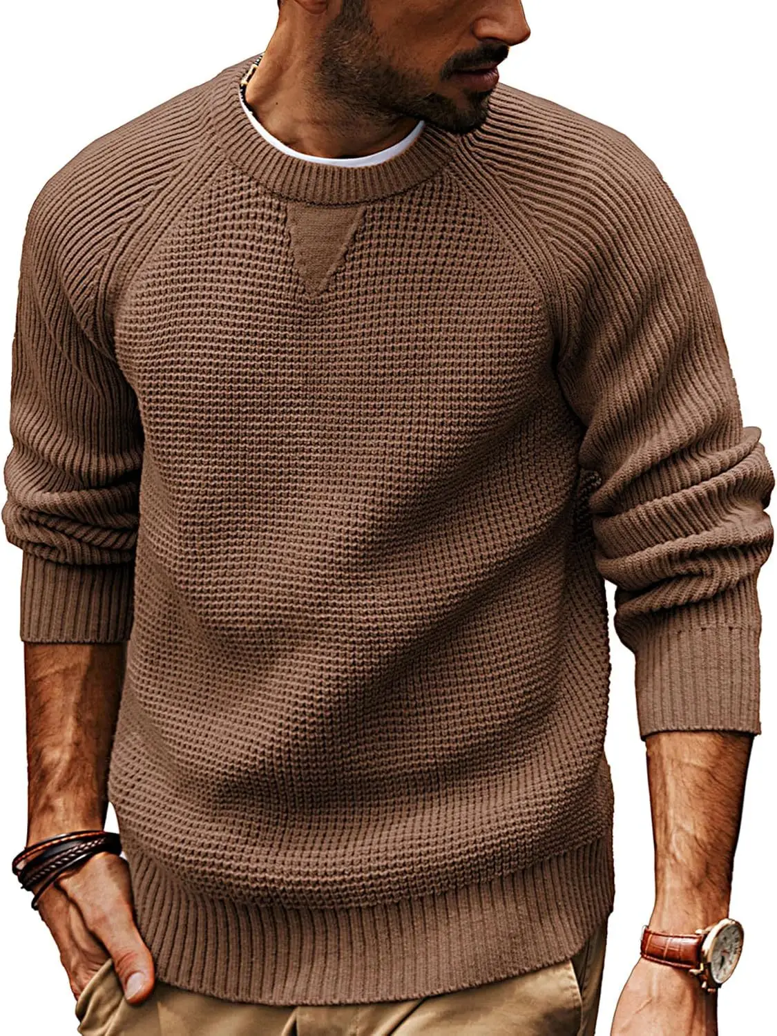 

Men Knit Pullovers Solid Round Neck Loose Sweaters Long Sleeve Casual Thick Spliced Male Jumpers Winter 2025 Slight Strech