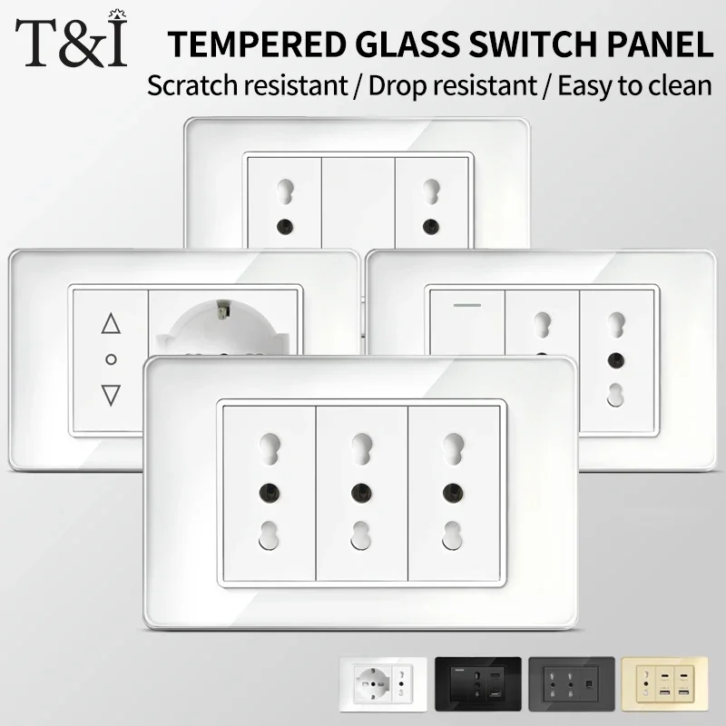 

118 розеток для настенных выключателей с USB-типом Быстрая зарядка C, розетка Италии, розетка Чили Schuko, панель из закаленного стекла для дома