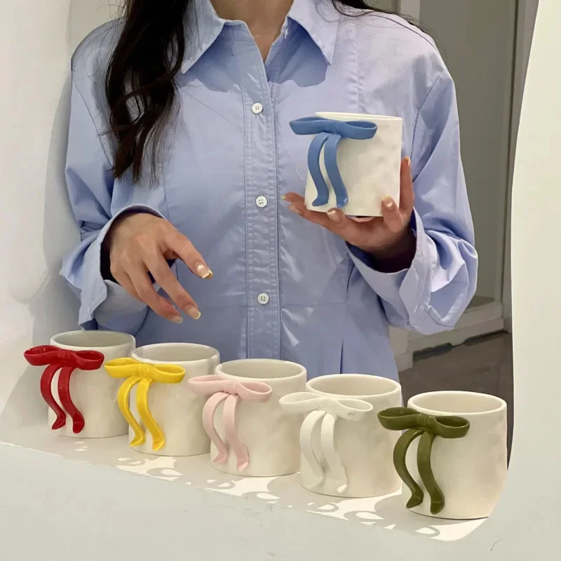 New Ins Bow Tie Handle Mug Creative Princess Ceramic Water Cup Nordic Coffee Breakfast Milk Juice  Cups Office Drinking Utensils