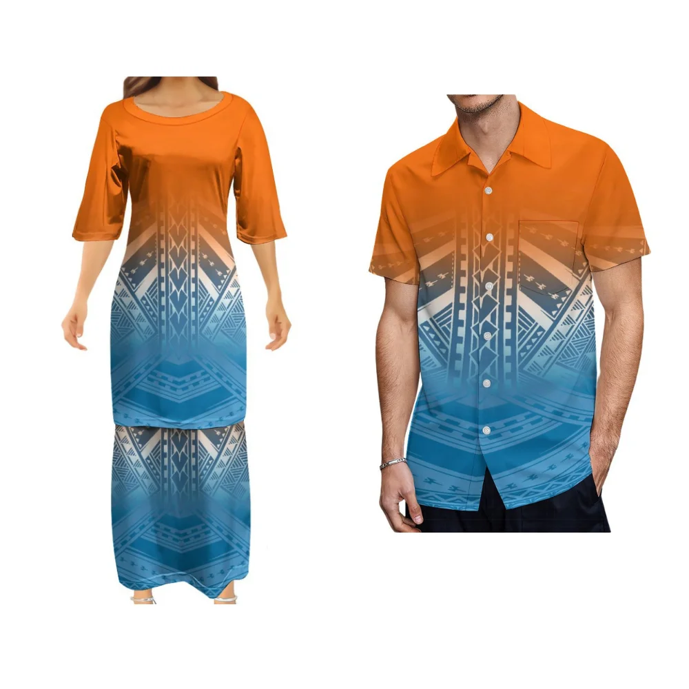 Polynesische Paar Set Custom Tribal Bloemenprint Ontwerp Samoa Dames Club Puletasi Casual Losse Set Rok Heren Zakshirt