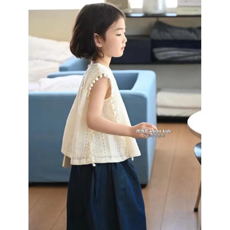 

Girls Summer Set 2024 New Fashionable Girl Doll Shirt, Big Kids Sleeveless Shirt, Lantern Pants, Two Piece Set