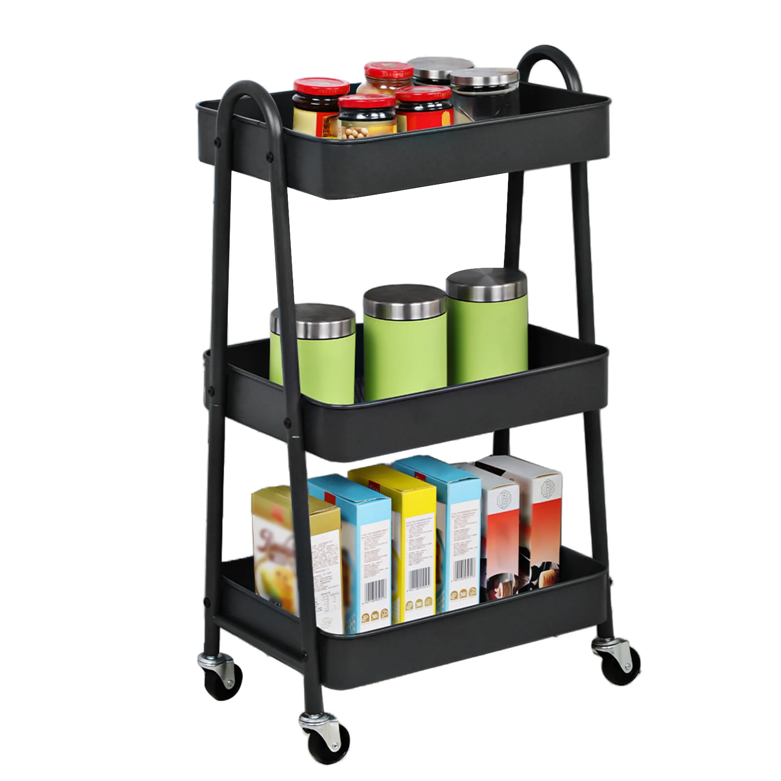 Multifunctional 3-Tier Rolling Utility Cart Organizer Storage Rack Trolley with Wheels for Kitchen Bedroom Bathroom Living Room