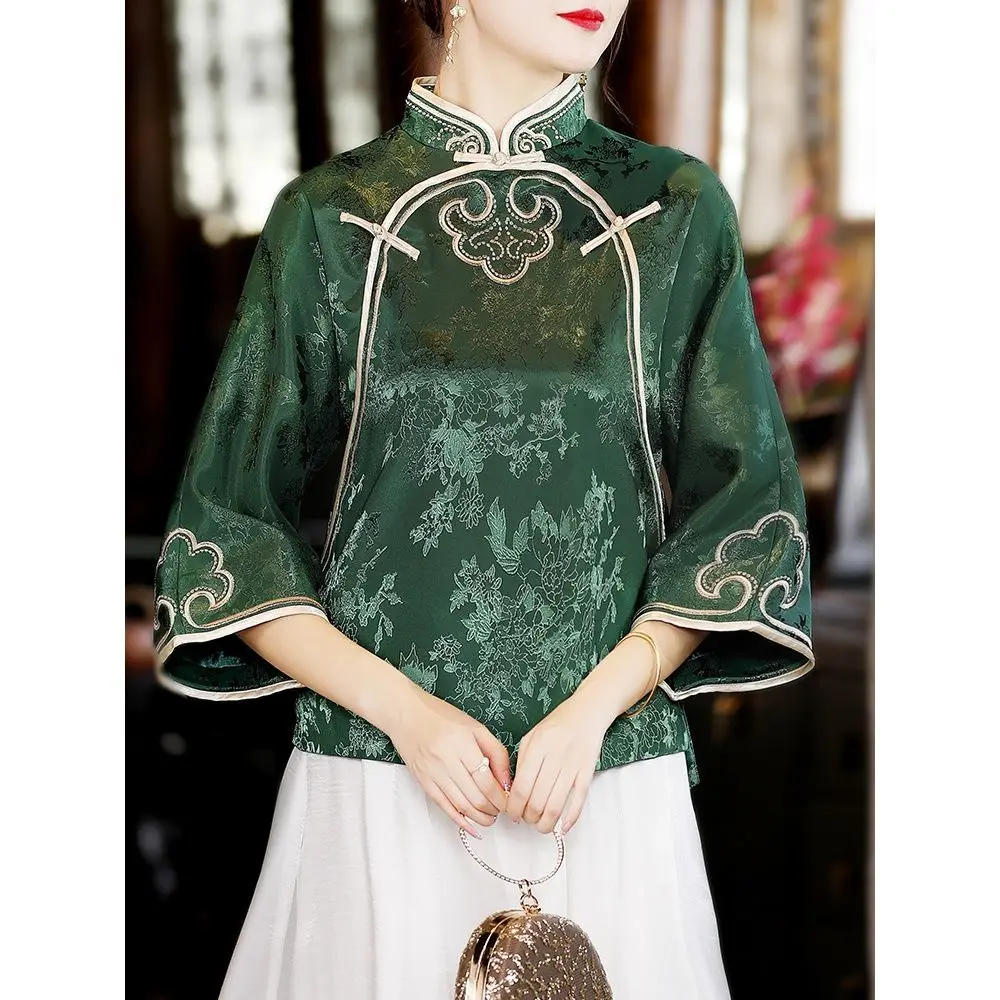 Embroidered Blouses Women Satin Silk Jacquard Retro Tang Shirt Vintage Chinese Ethnic Style Cheongsam Top Summer Autumn New