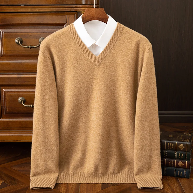 Choice Men's 100% Cashmere Sweater V-neck Pullover Autumn Winter Basic Smart Casual Cashmere Knitwear Long Sleeve Clothing Tops