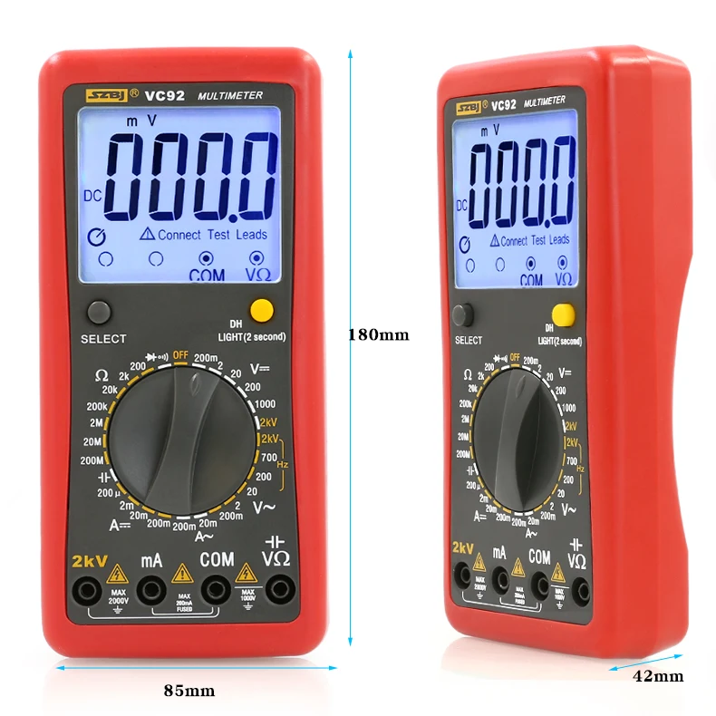 SZBJ VC92 Digital Multimeter Large Screen Display, Measures Phase-to-Phase Voltage, 2000V AC/DC Voltage, 2KV High Voltage Mete