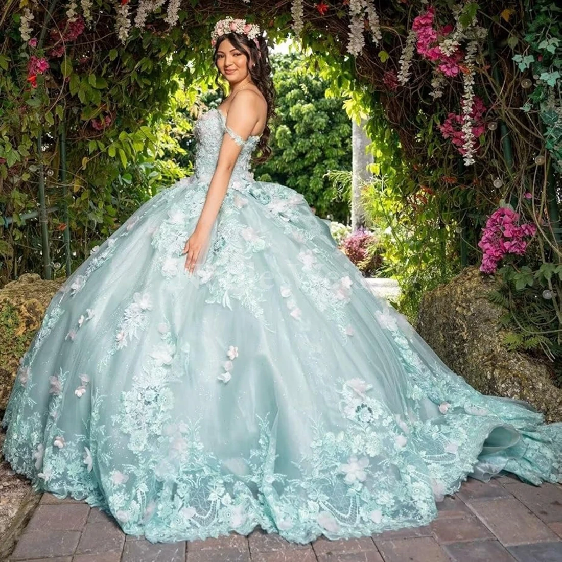 Vestidos de quinceañera de flores en 3D, vestido de baile con hombros descubiertos, dulce 16 vestidos, vestido de baile largo con escote en forma de corazón personalizado