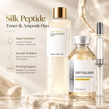 Silk Peptide Facial Toner & Serum Ampoule Set Duo, Korean Glass Skin Glow Care Revitalize…