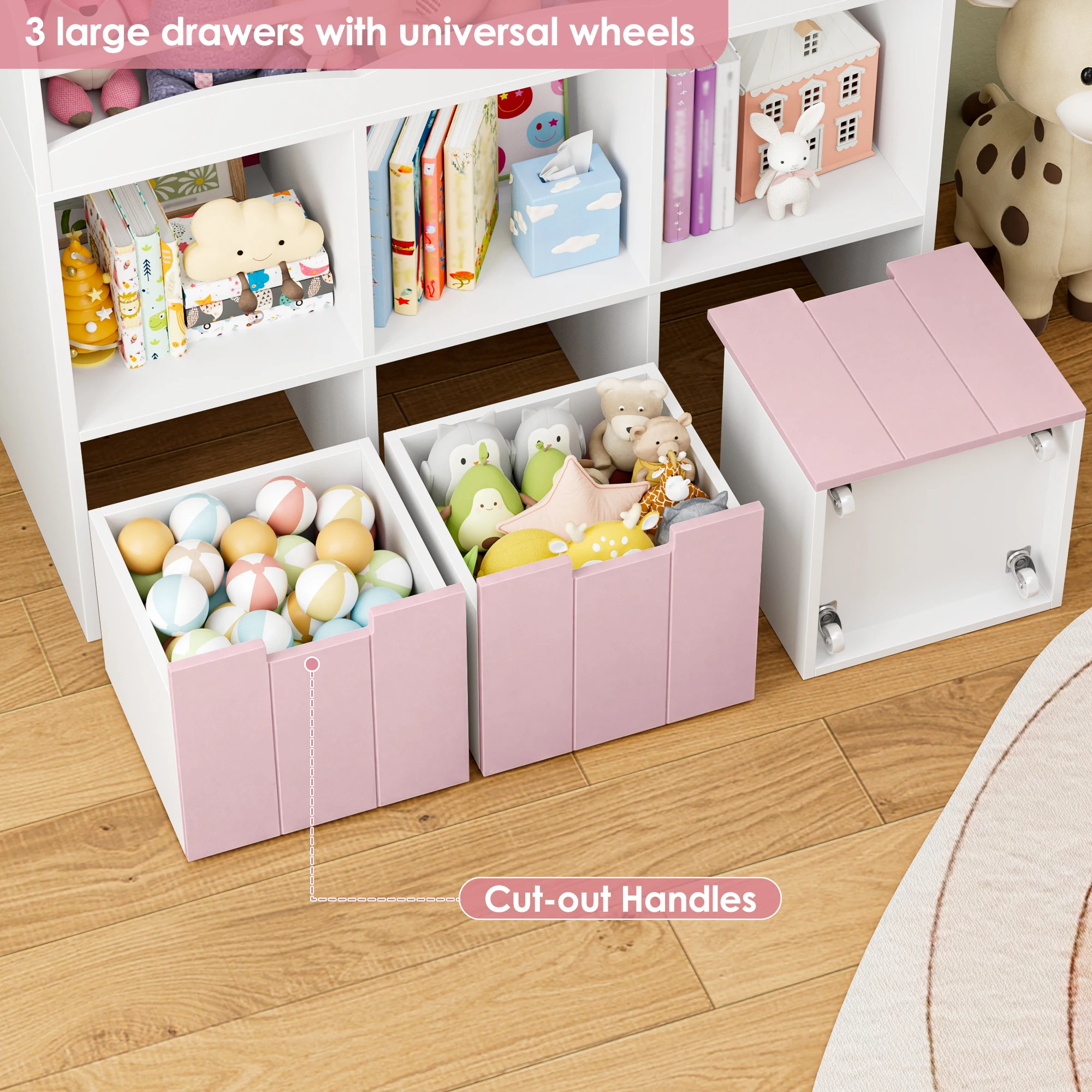 Kids' Bookshelf with Boxes on Wheels, Kids' Bookcase with 4 Storage Bins, Toy Shelf Kids' Room for Bedroom Kindergarten