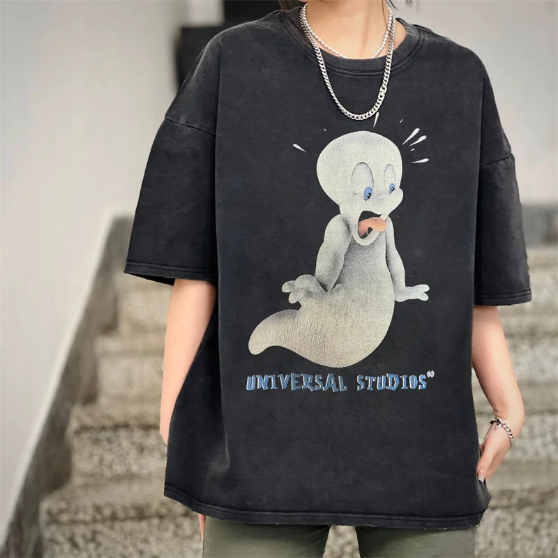 2024 Summer Tops Vintage New T-shirts Short Sleeved Men\'s Cartoon Animation Elf Ghost High Street Heavyweight Oversize Cotton