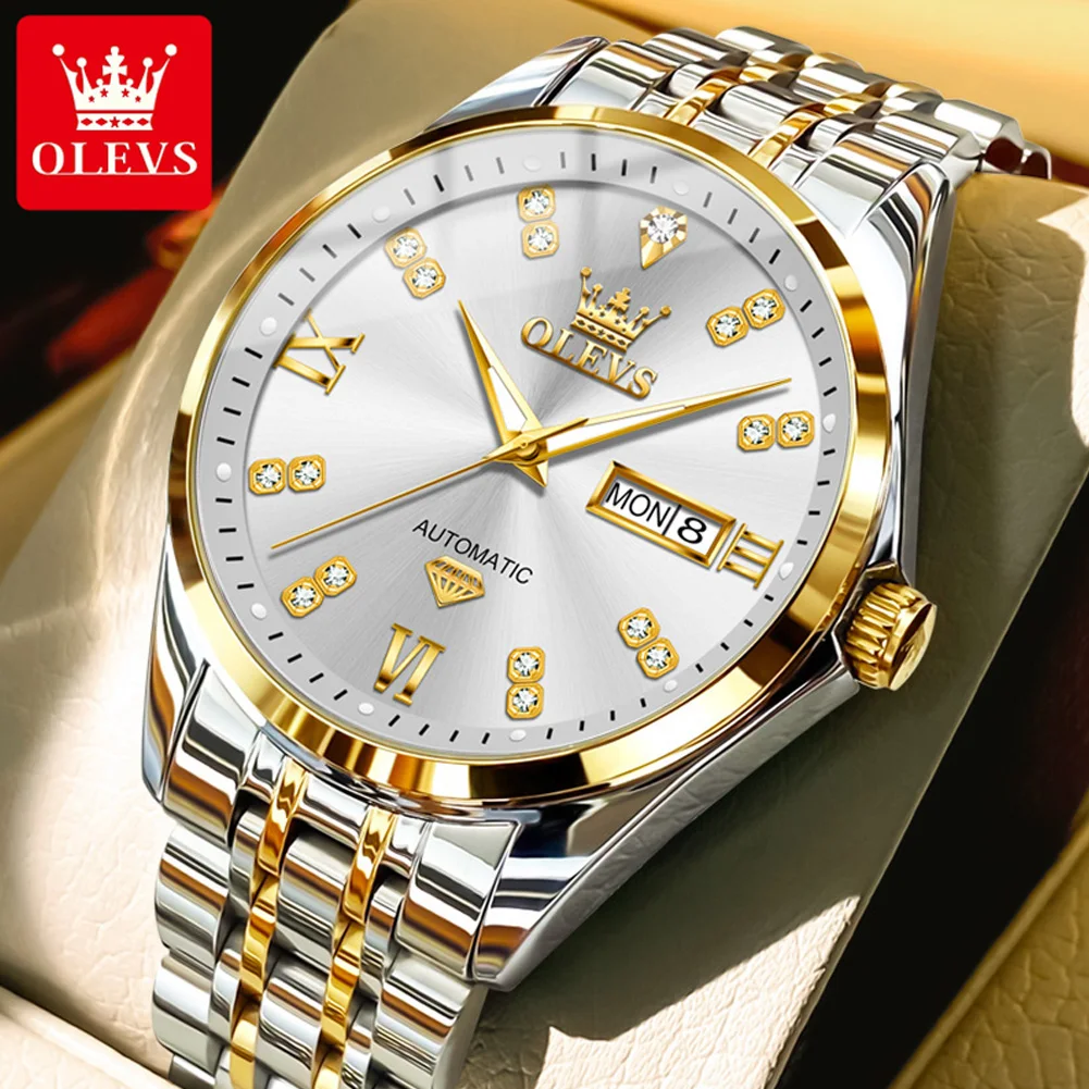 OLEVS 9801 Fashion Business Man Mechanical Watches Dual Calendar Diamond Scale Automatic Watch For Men Waterproof Wristwatch