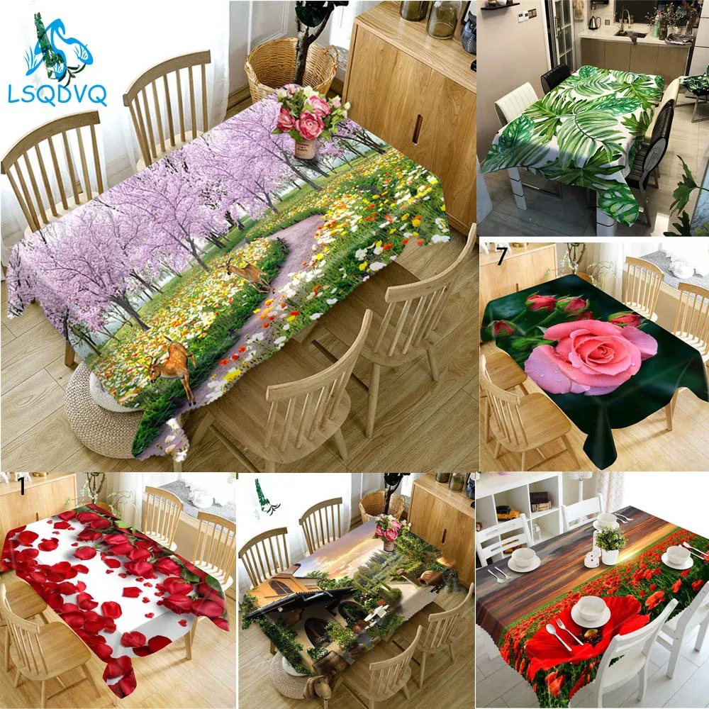 النباتات الخضراء يترك زهرة الأحمر ارتفع مقاوم للماء Tablecloth الجدول القماش غطاء للحزب الأحداث المطبخ ديكور مكتب غطاء