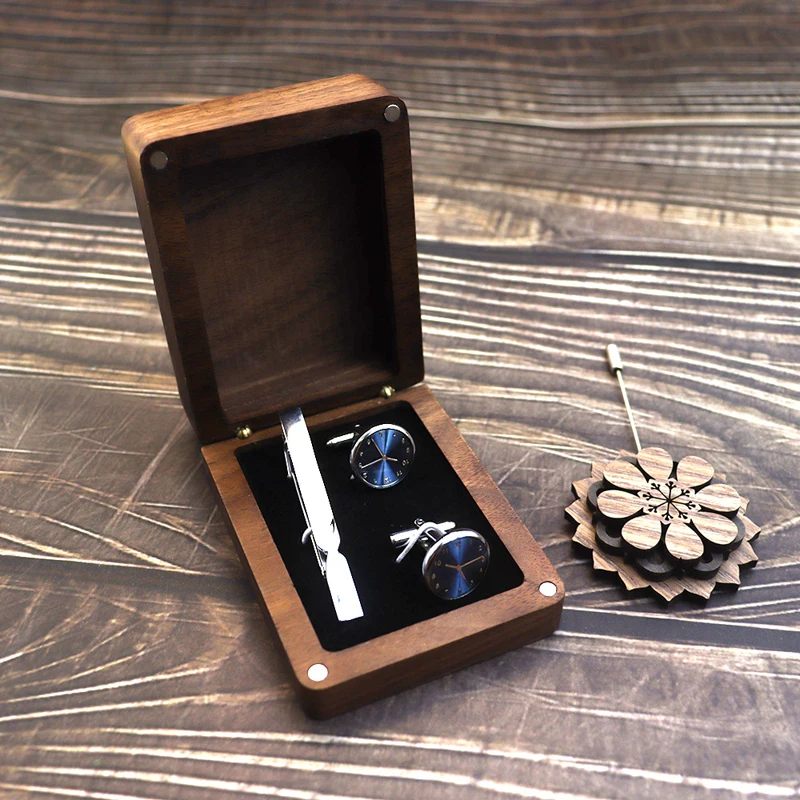 Solid Wood Black Walnut Window Exquisite Cufflink Box Sleeve Nails French Cufflink Collar Clip Box Package Gift Box