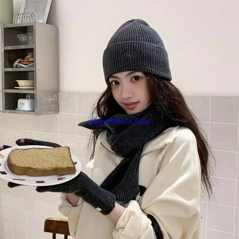 Q0KE شتاء دافئ متماسكة قبعة وشاح وقفازات مجموعة ألياف الاكريليك للجنسين الطقس البارد برقبة ملابس يدوية مجموعة للنشاط في الهواء #5