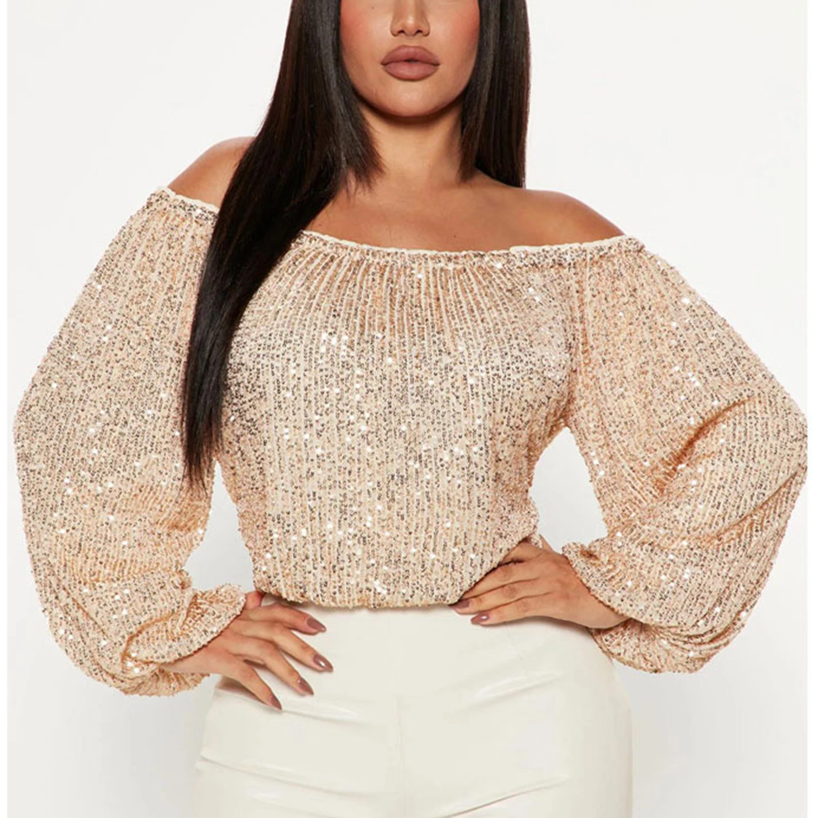 

Women Stylish Sequin Top Sexy Off Shoulder Long Sleeve Comfortable Casual Top Female Daily Loose Fit Party Elegant Costume Top