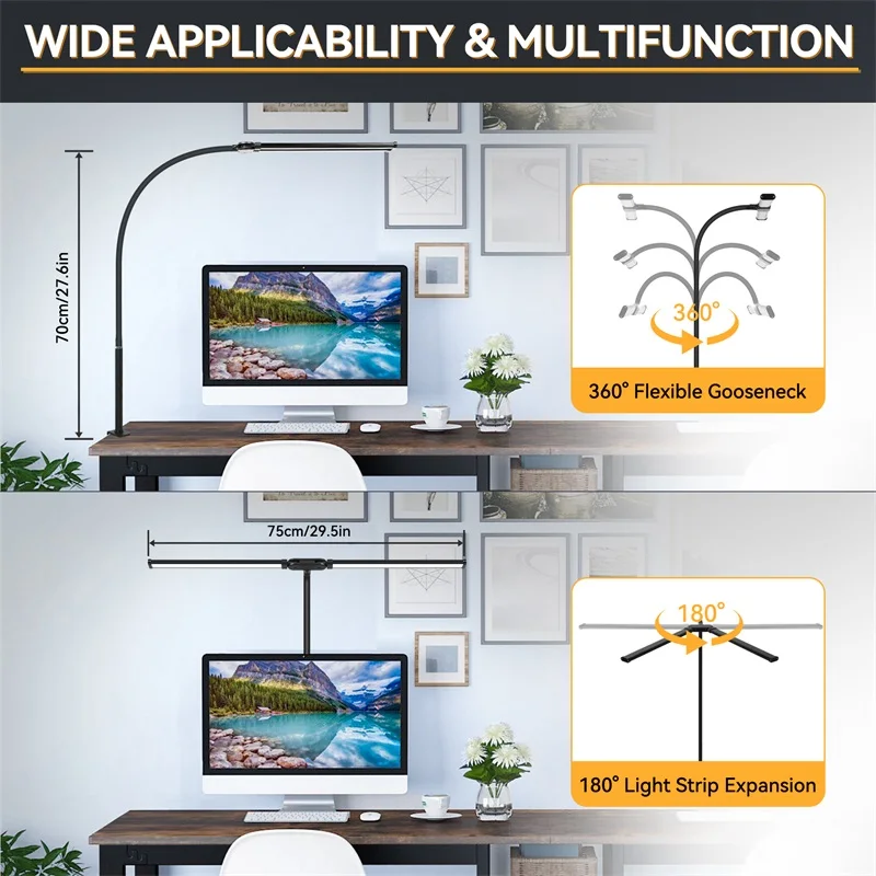 Double Head LED Desk Lamp Stepless Dimmable Computer Monitor Light 24W USB Table Lamps Reading Lights Eye Protection For Bedroom