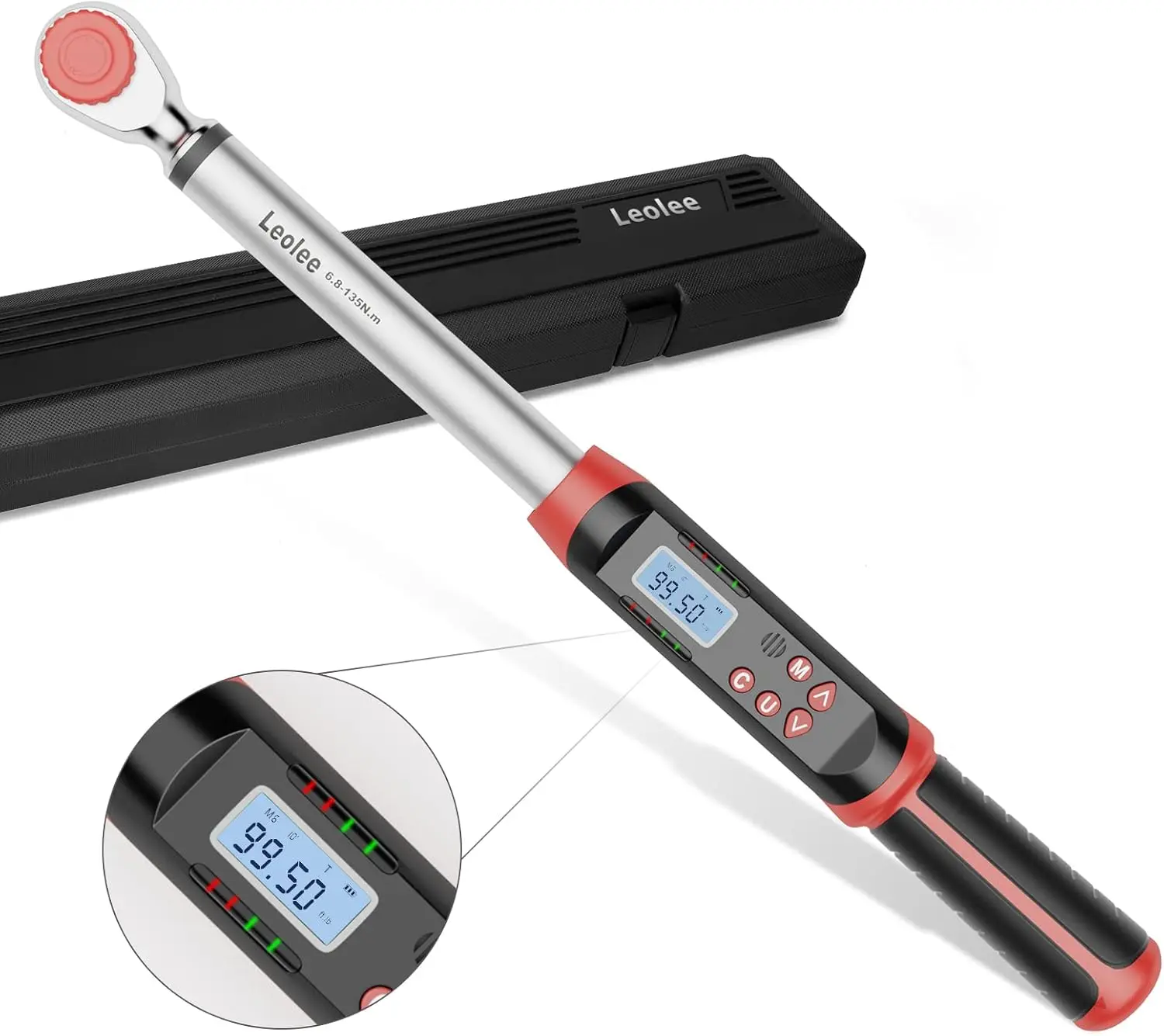

3/8-Inch Digital Torque Wrench with Angle, 5-99.5 Ft-Lb/6.8-135 Nm, Preset Modes, LED Alerts for Automotive and Motorcycle Use
