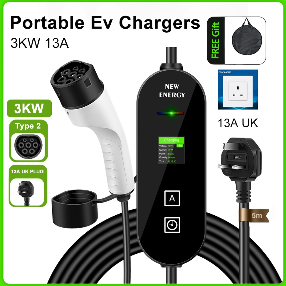 Cargador Portátil para Vehículos Eléctricos, Conector Tipo 2, 13A, 1 Fase, 3KW, 5m, Estación de Carga de Pared