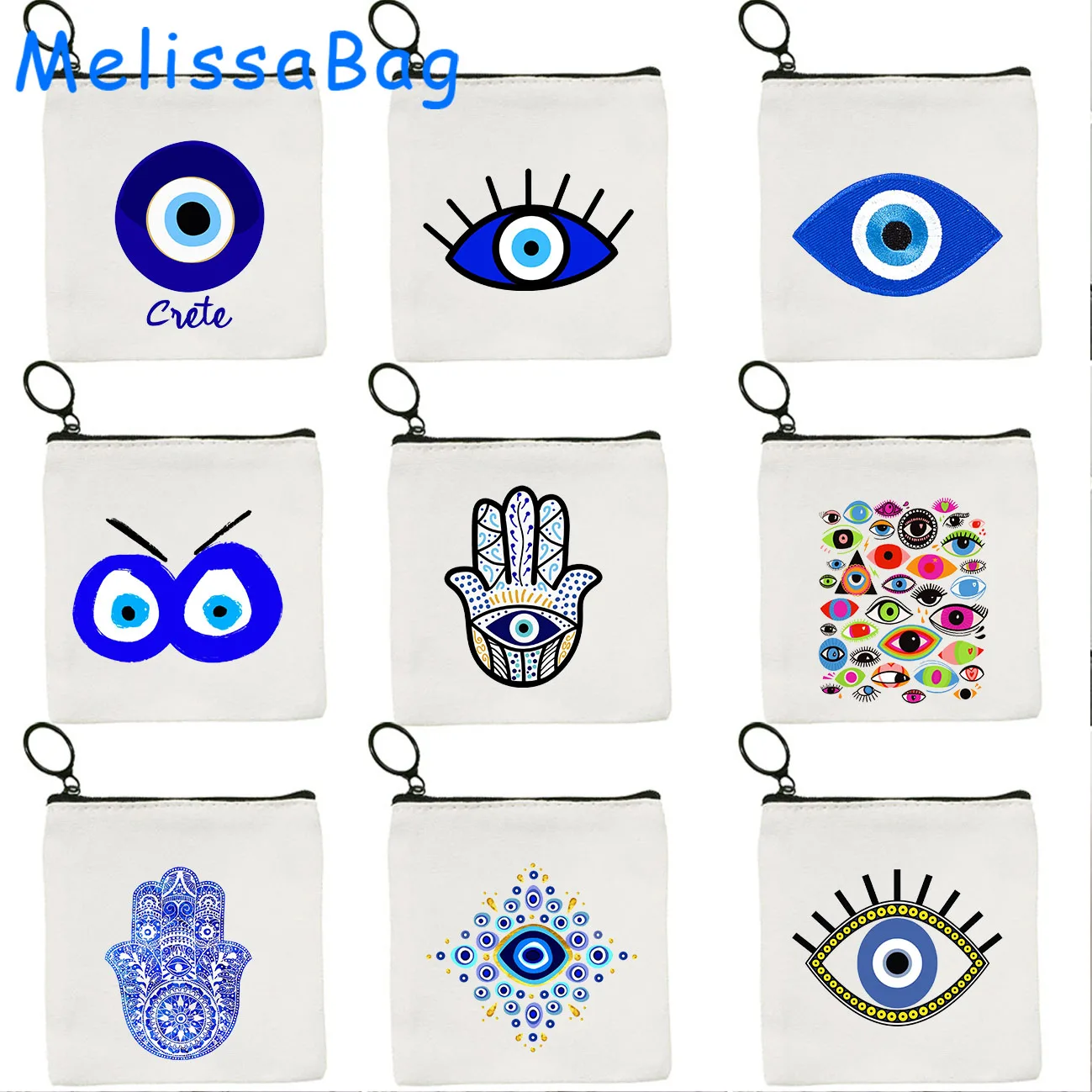 Blue Evil Eye Good Luck Hamsa Hand Colorful Mandala CRETE GREECE Cute Gifts Canvas Coin Purse Key Case Bags Wallet Zipper Pouch